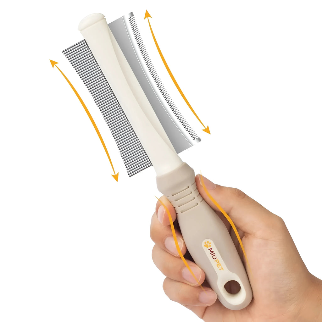 White 2-in-1 pet grooming brush with comb and deshedding sides, ergonomic handle