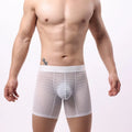 Men's lace mesh boxer shorts in multiple colours on a size chart.
