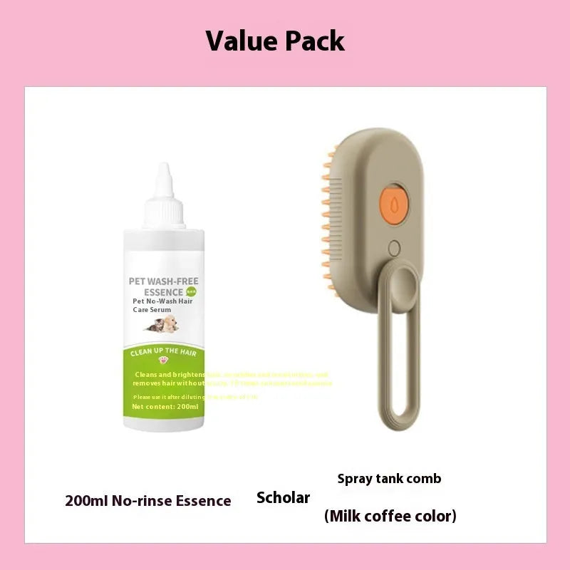 Dog grooming kit with a bottle of wash-free detangling spray and a matching ABS plastic massage comb.
