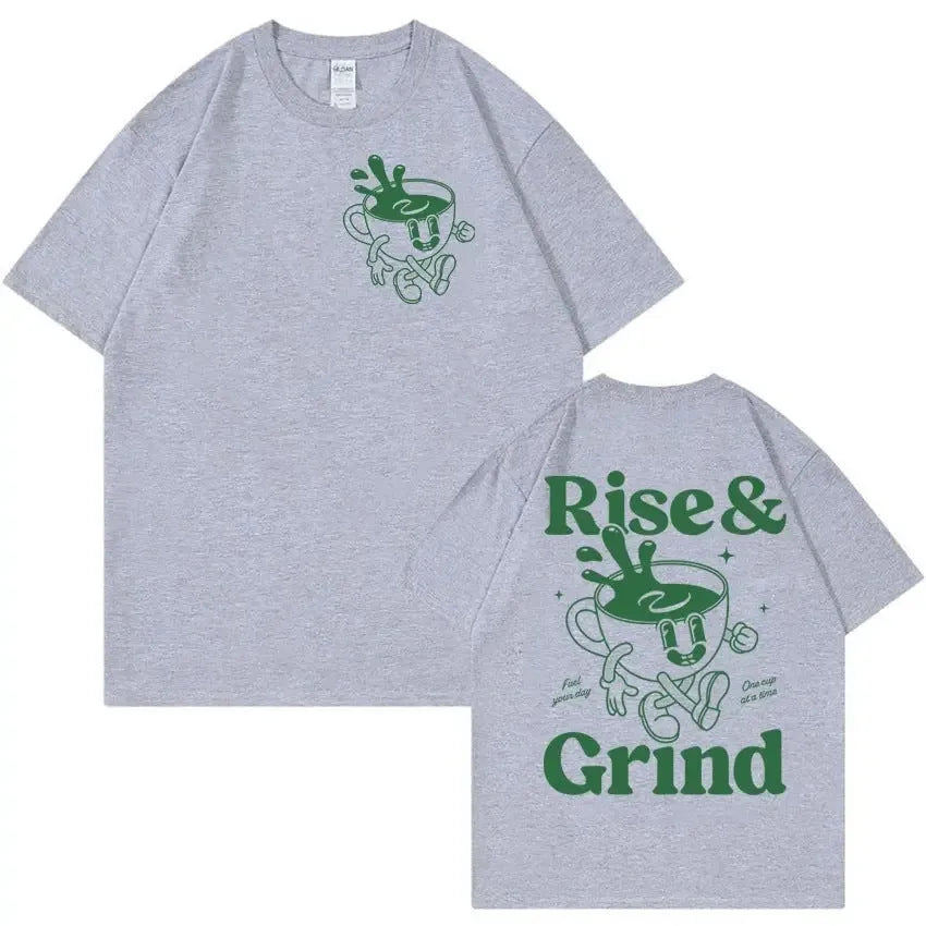 Loose fit black linen t-shirt with green Rise And Grind coffee cartoon print on chest.