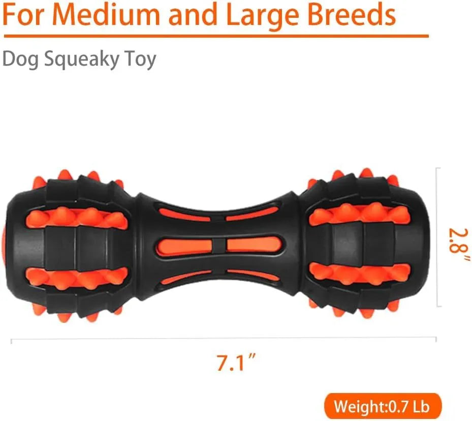 Red dumbbell-shaped natural rubber dog chew toy for aggressive chewers with double-layer construction