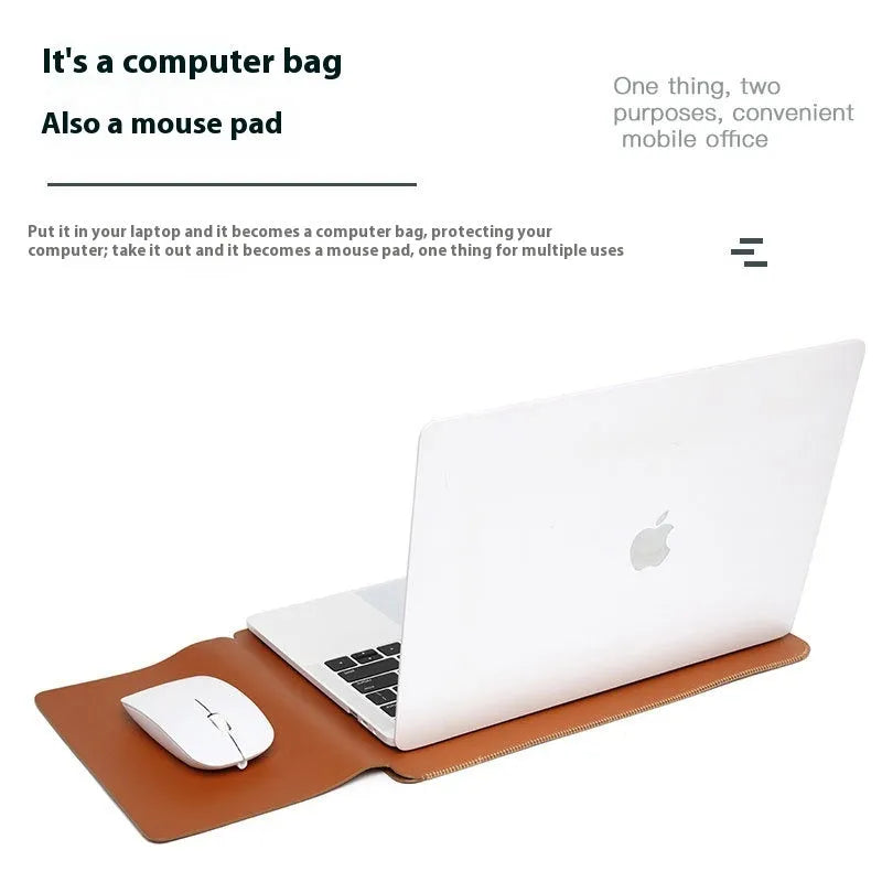 Set of four brown imitation leather lock edge protective sleeves for laptops and tablets.