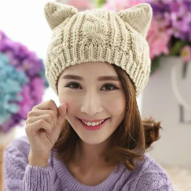 Hand made 3D cat ear knitted winter beanie in wool material showing multiple colour options
