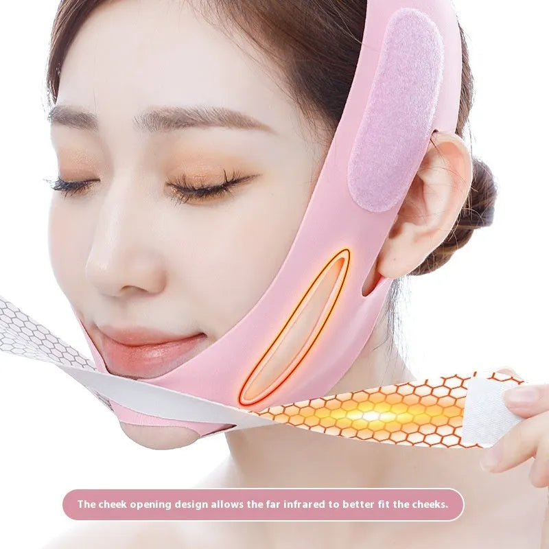 Pink and black elastic V-shaped face bandage for facial contour support