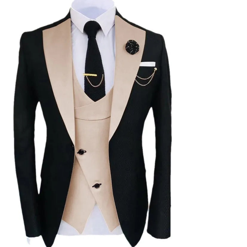 Men's slim fit cotton three-piece business suit in black with vest and trousers