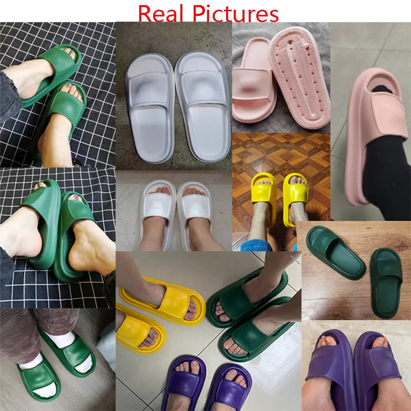 Thick-soled EVA flip-flop slippers in multiple colours on a bathroom floor, showing non-slip sole texture.