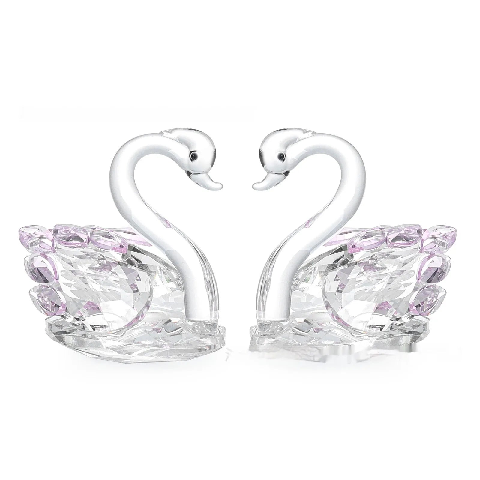 White crystal swan decoration on desktop with red, blue, pink, and violet colour options