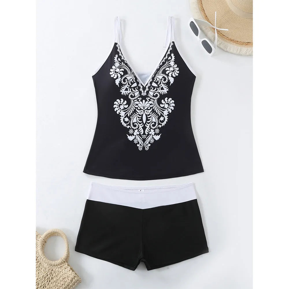 Women's plus size two-piece swimsuit in black or rose red with briefs style design