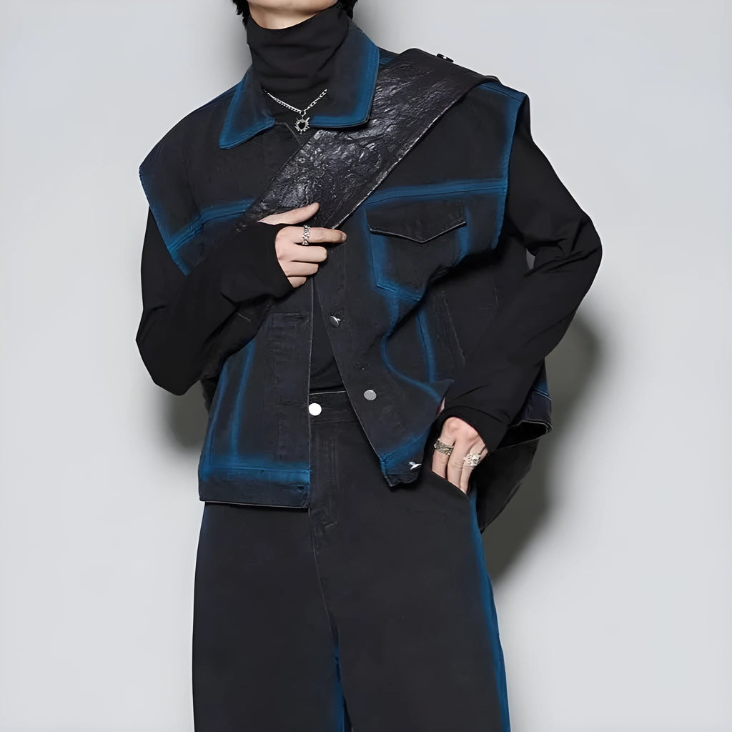Blue distressed fleece-lined vest and jeans two-piece suit set on a hanger