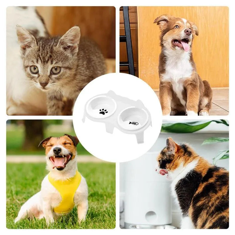 Blue ceramic cat food and water bowls in an elevated white ABS plastic stand with a hook