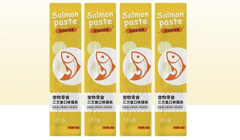 Functional cat strip snacks in four flavours: chicken catgrass, duck tea polyphenol, salmon astaxanthin, tuna prebiotics