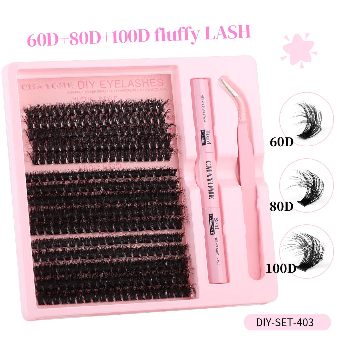 DIY false eyelashes extension suit showing cluster lashes and application tweezers for at-home use