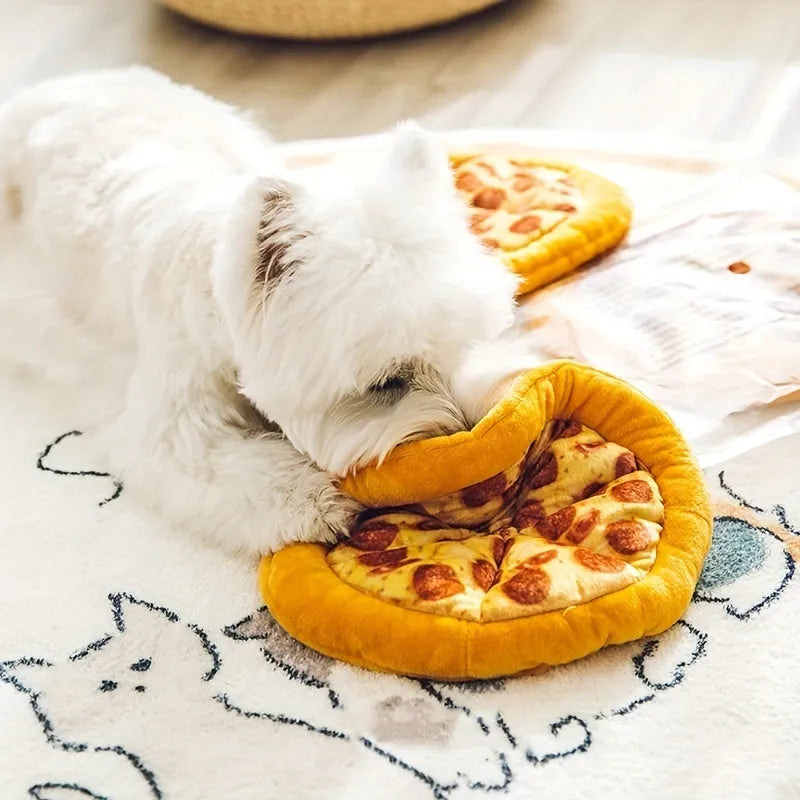 Yellow pizza slice dog chewing toy with squeaker made from teddy fabric