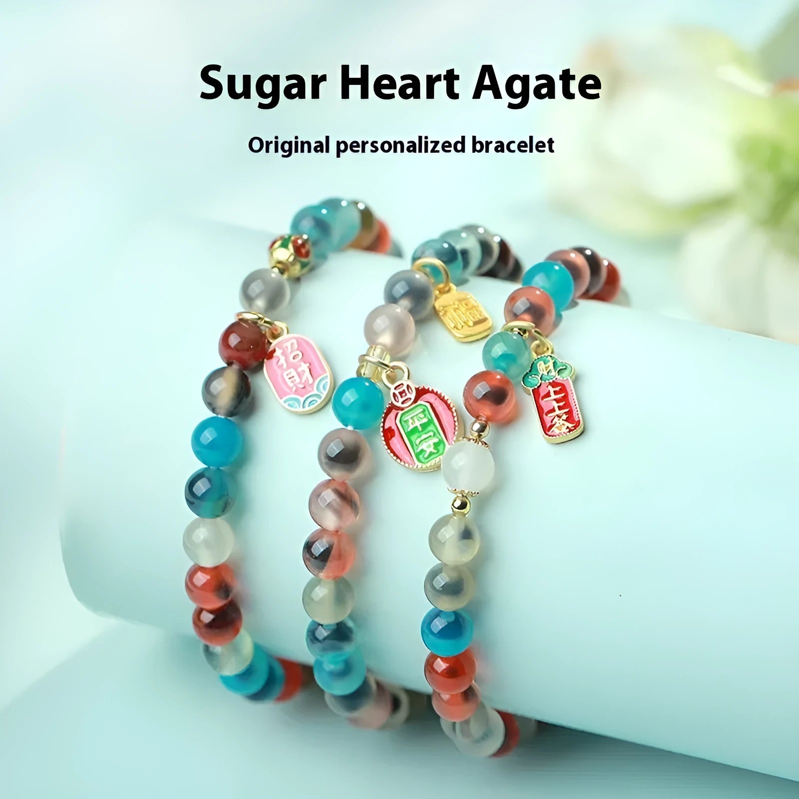 Natural agate women's bracelet with colourful sugar heart designs and geometric snake chain closure