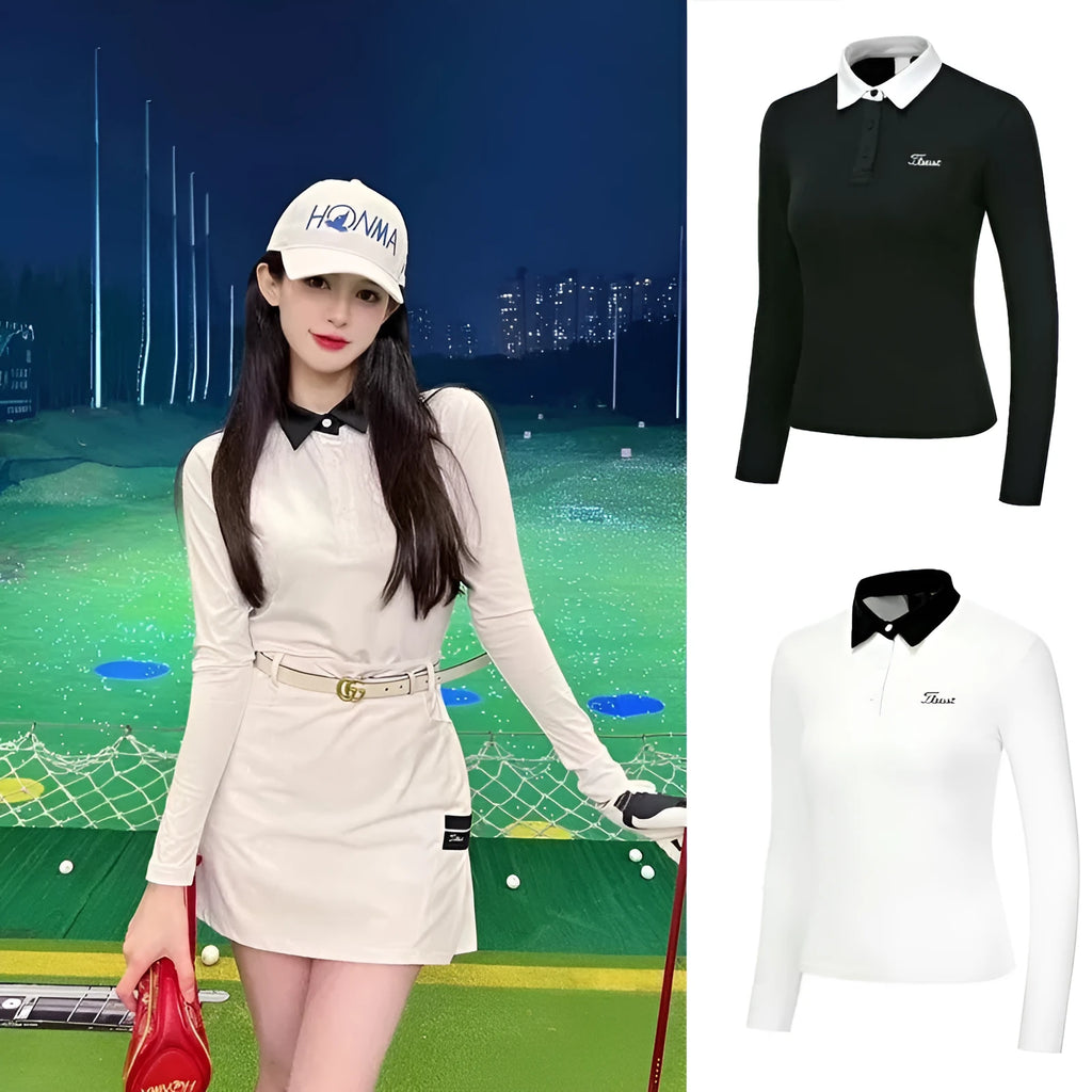Women's long sleeve golf top in white and black colours with slim fit sportswear design