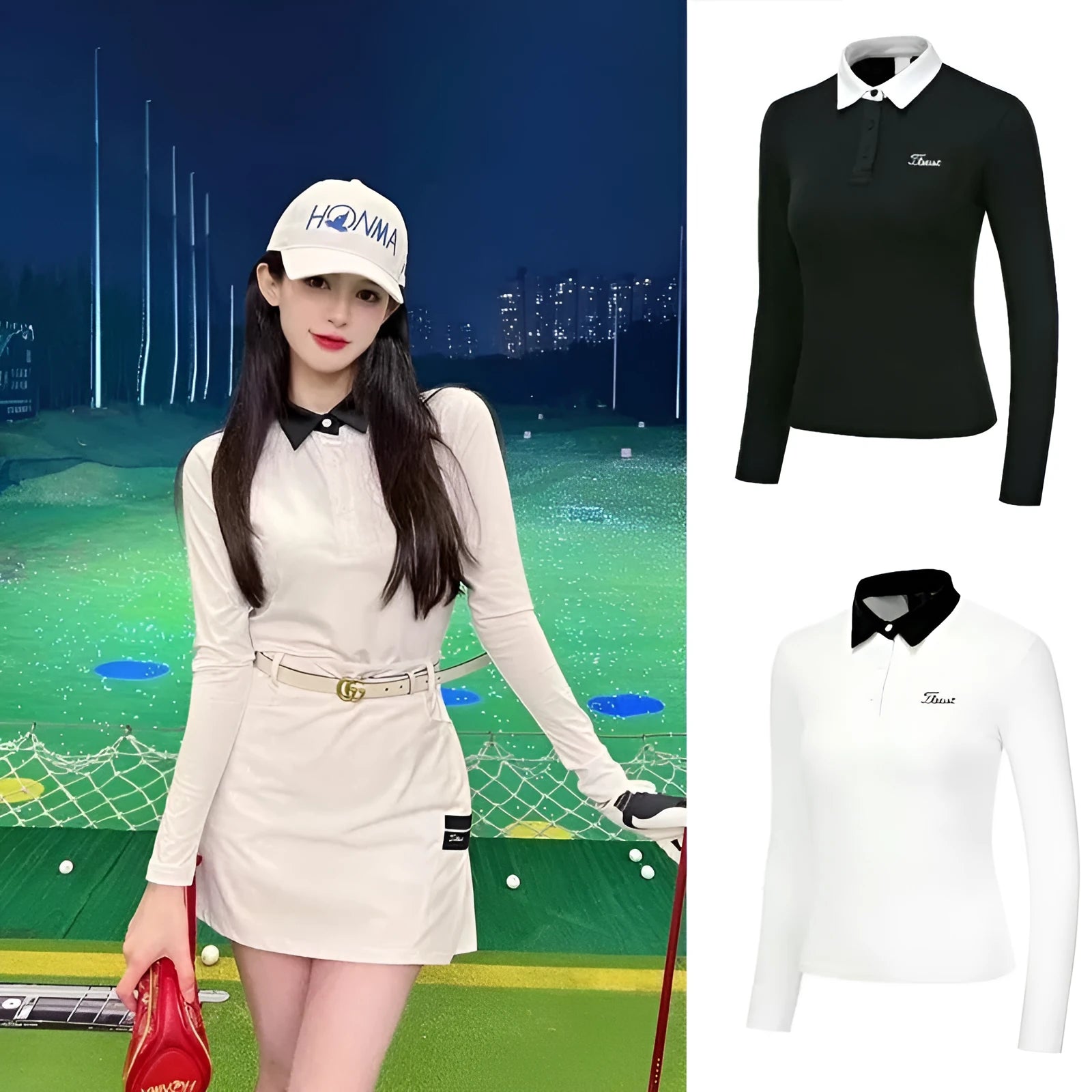 Women's long sleeve golf top in white and black colours with slim fit sportswear design