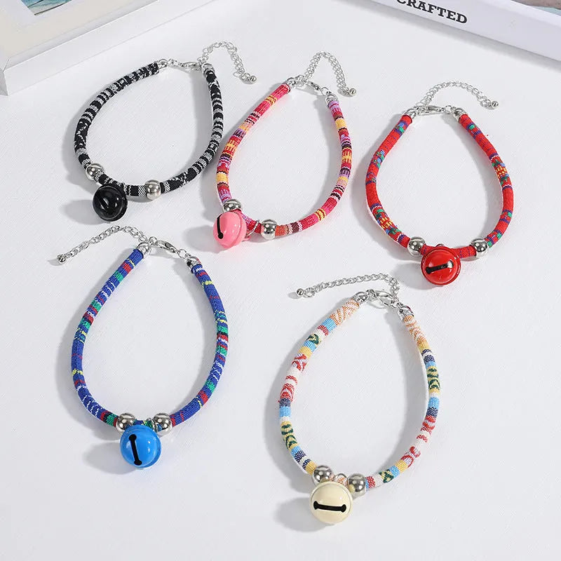 Coloured ethnic pattern adjustable pet collar with a bell for dogs and cats in multiple colours