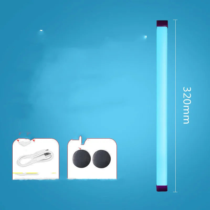 Blue and purple rechargeable dimmable LED tube stick light in 32cm length on a dark surface.
