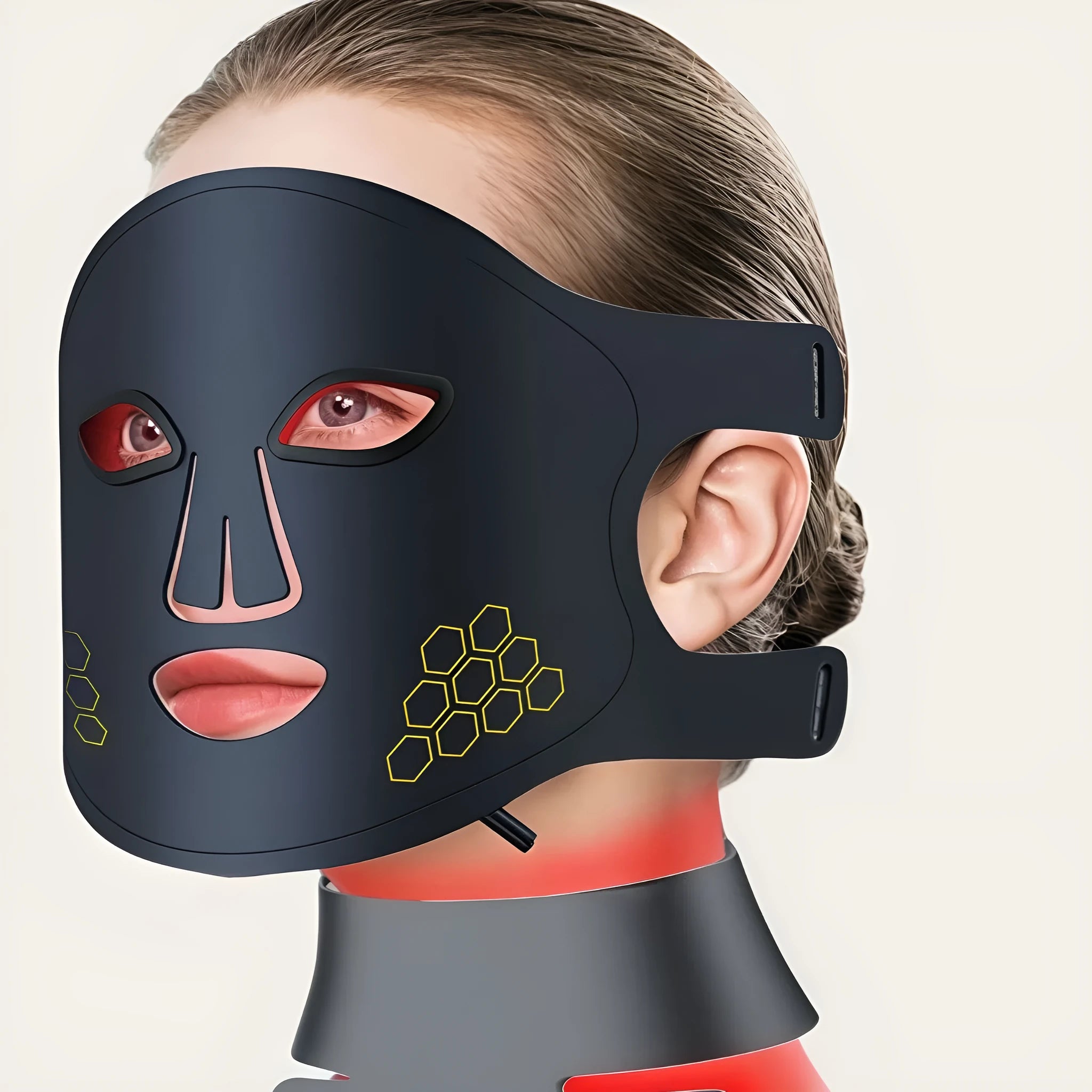 Black four-colour LED photon beauty mask with neck care strap and adjustable settings
