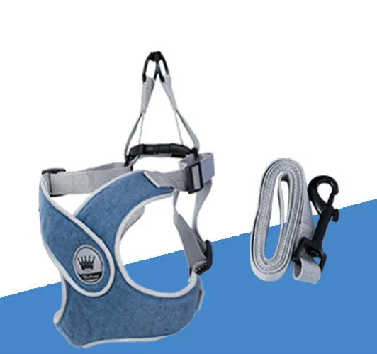 Adjustable mesh dog harness with metal back ring in blue, grey, red or yellow with matching leash