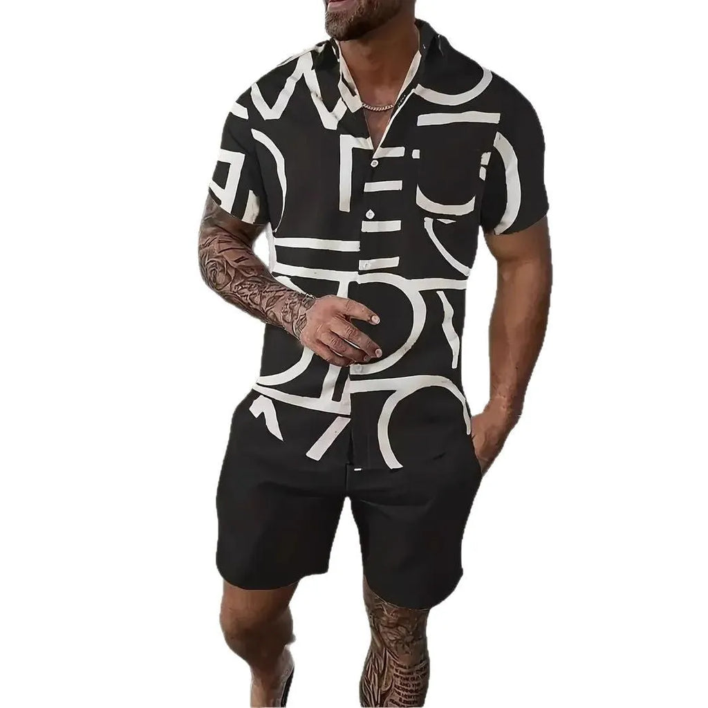 Man wearing a short sleeve Hawaiian print shirt and matching shorts, a casual polyester suit set.