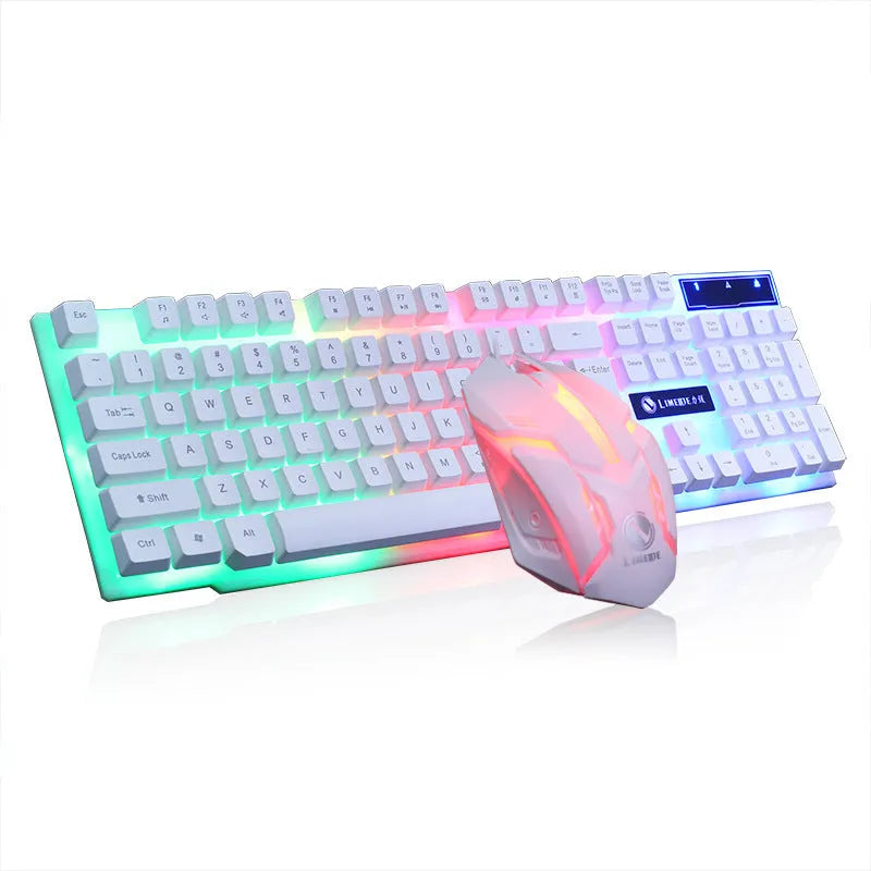 Limei Gtx300 wired USB gaming keyboard and mouse set in four colour options on a desktop.