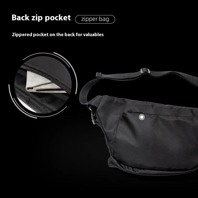 Black slanted chest bag made from Oxford fabric with sewing line details