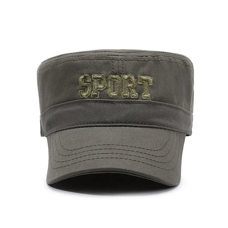 Men's adjustable cotton peaked cap in black, blue, army green, khaki or grey with dome crown and English letters