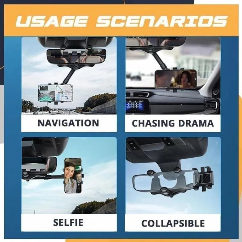 Black rearview mirror phone holder with telescopic arm and 360-degree rotation mechanism