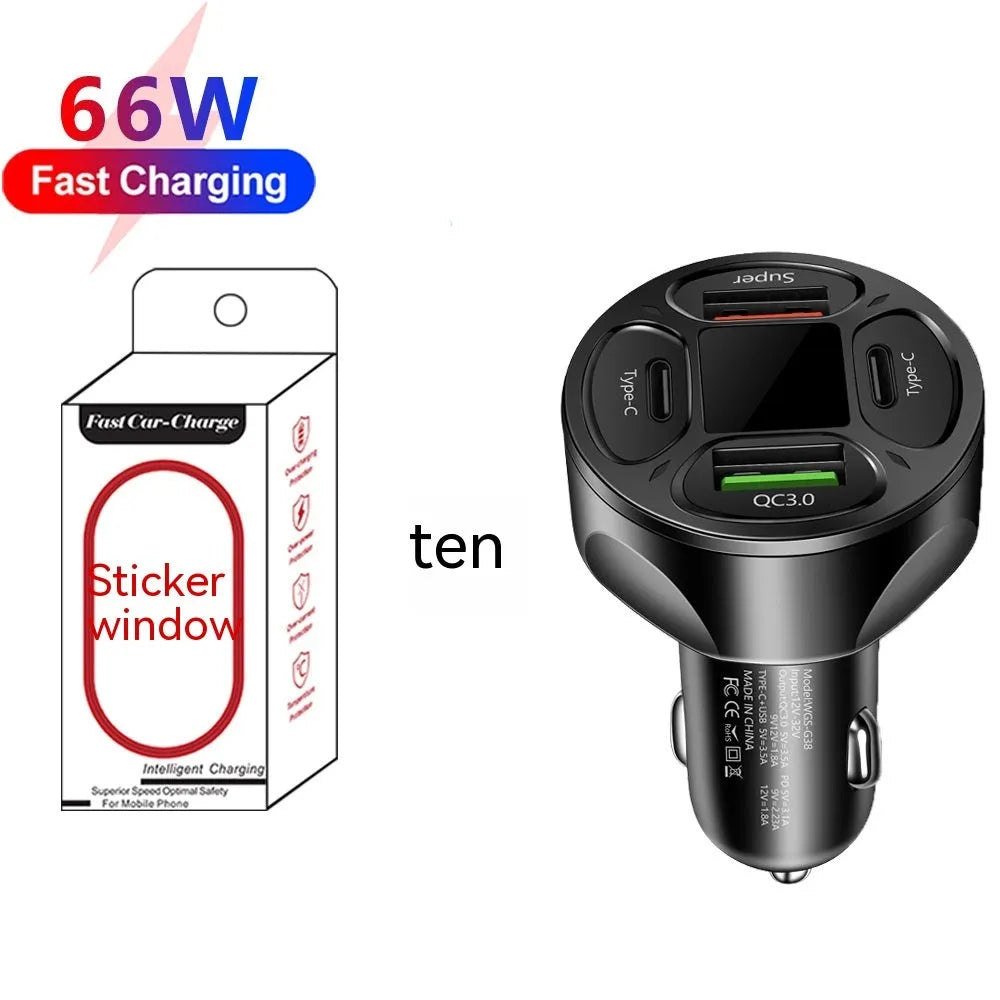 66W car charger with digital display, two USB ports, and two Type-C ports on a black plastic body.