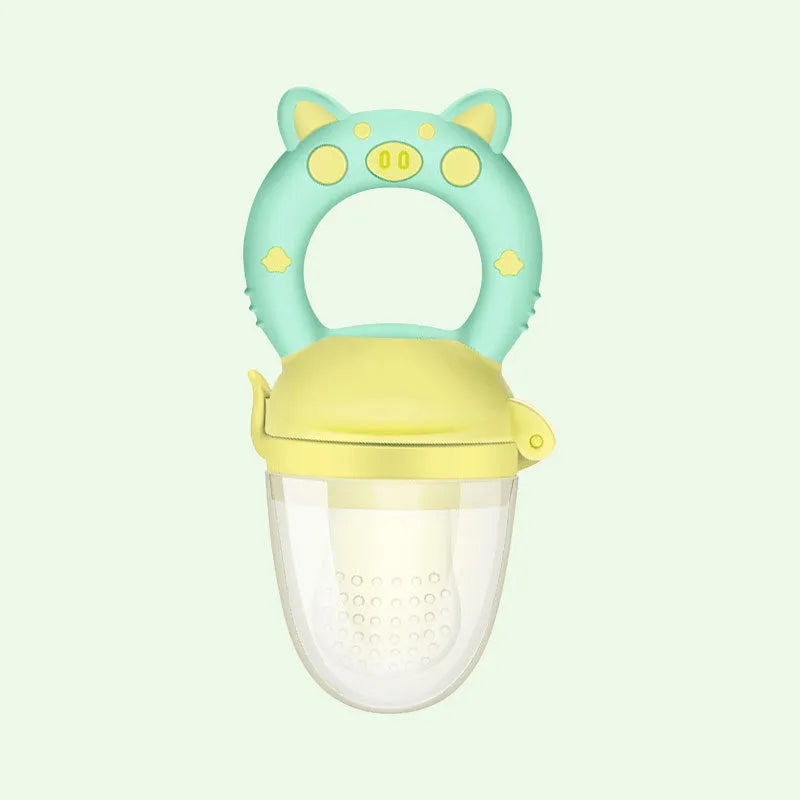 Soft silicone baby teether in blue, green, and pink colours with one or three mouthpiece options.