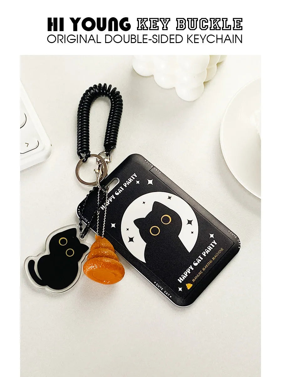 Cute little black cat cartoon design plastic card holder with metal pendant attachment.