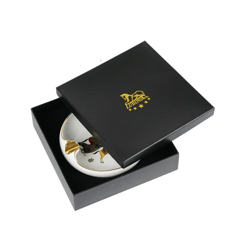 Bone ceramic cigar ashtray 175mm with hand-painted gold rim and horse motif on white background