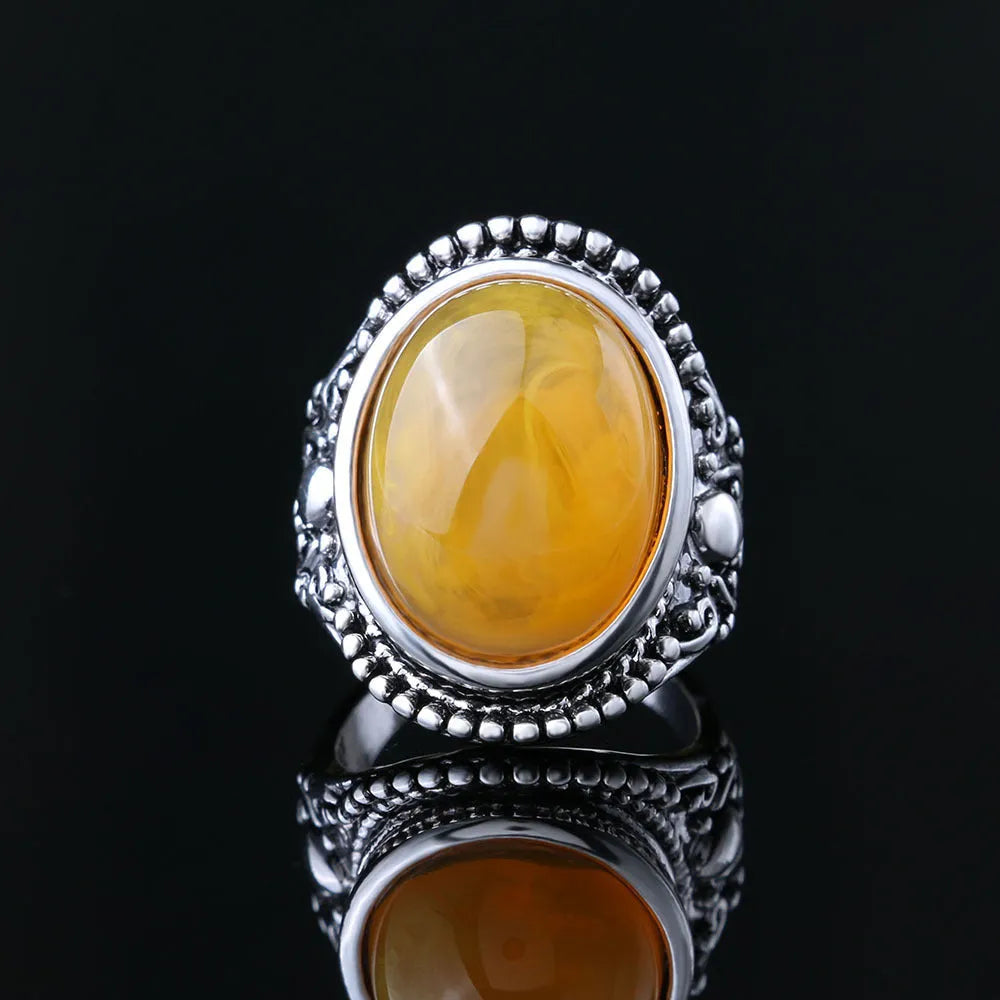 Retro geometry alloy ring antique silver amber colour with fluorescent beeswax design