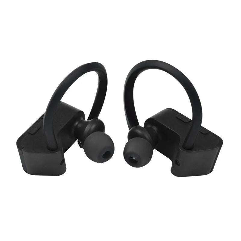 Black wireless Bluetooth 5.0 stereo earphone with ergonomic design for hands-free calling.