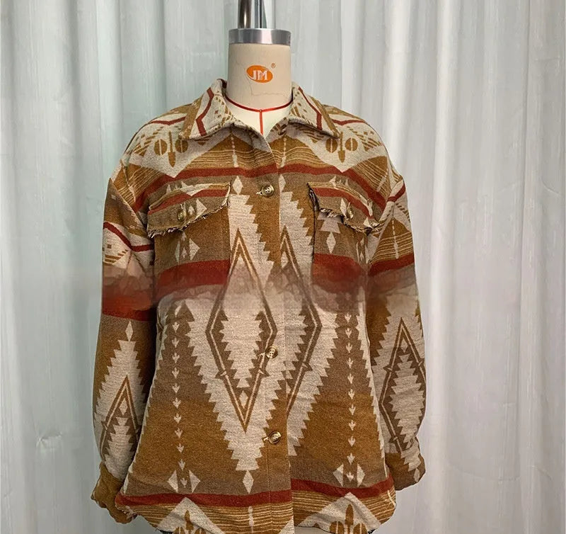 Women's loose-fit retro jacket with Aztec print in wool-blend fabric, shown in army green.