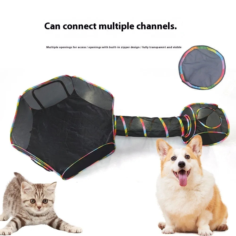 Foldable mesh cat roll cage pet playpen showing hexagonal style configuration