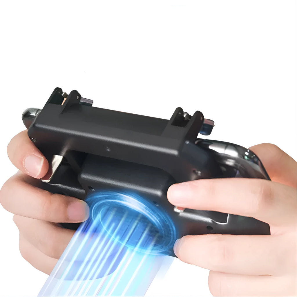Black mobile game controller for smartphones with USB cable and physical action buttons.