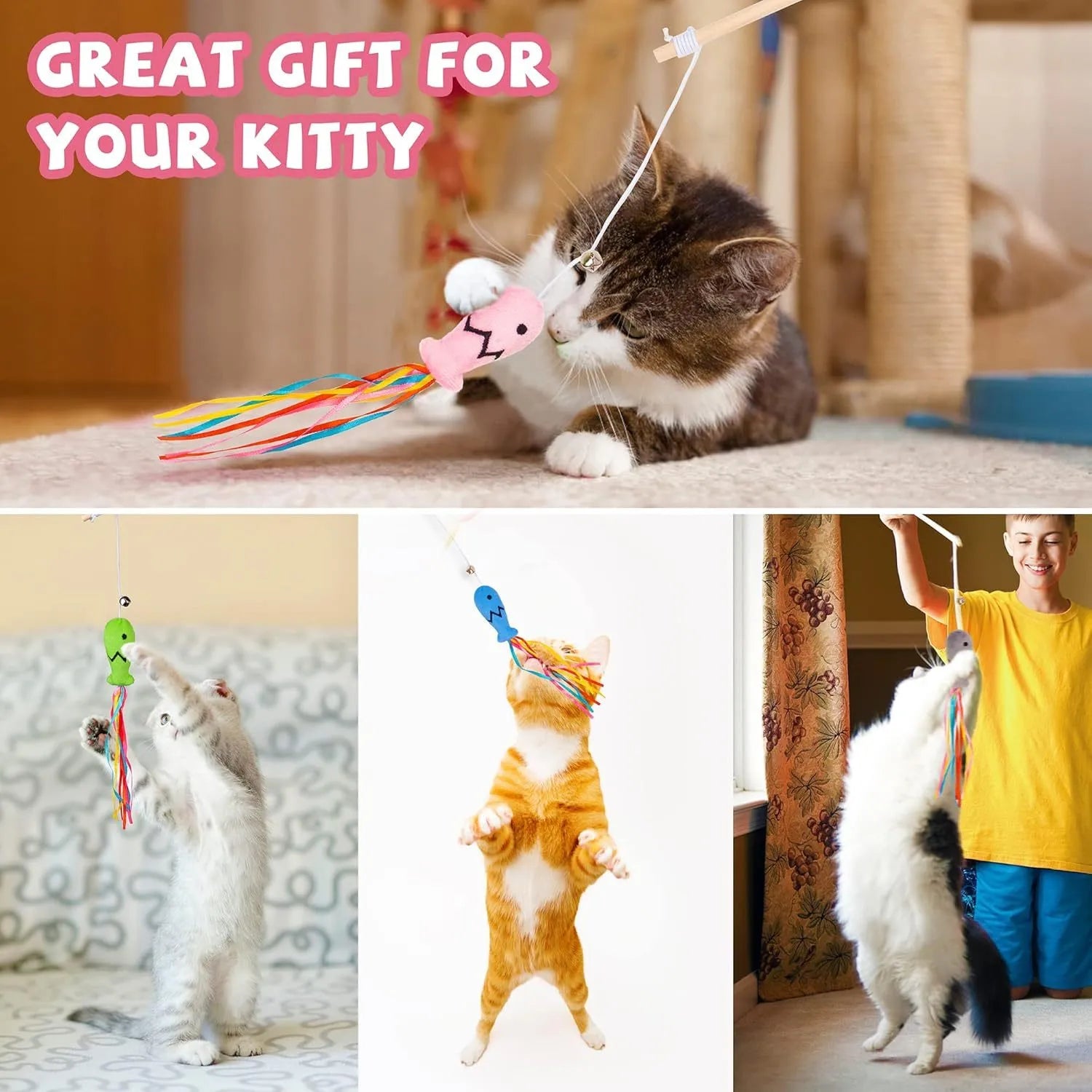 Cat wand toy with wooden handle showing colourful ribbons, catnip fish and bell attachments for interactive feline play