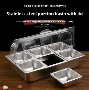Stainless steel commercial dining plate display box with a removable lid and multiple inner compartments.