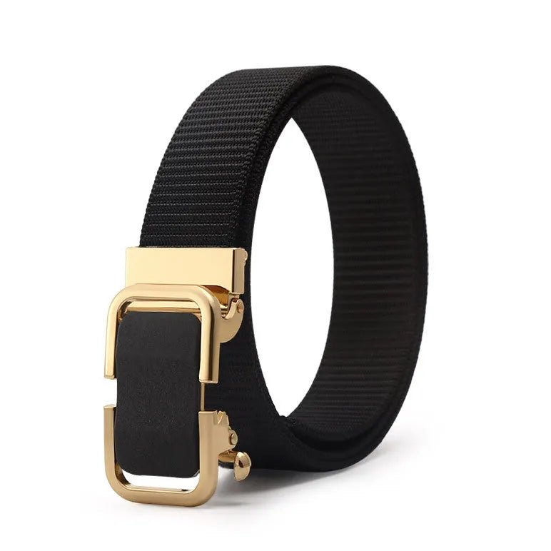 Toothless nylon canvas men's belt with alloy buckle shown in multiple colour options