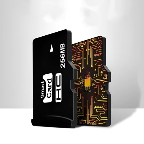 256MB TF format memory card with compact dimensions, presented in packaging.