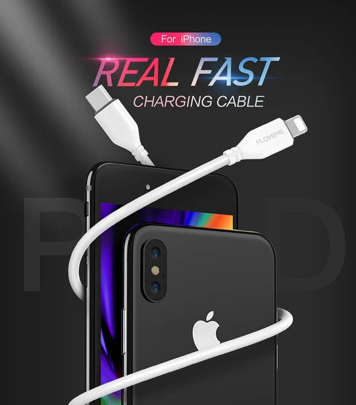 White USB-C to Lightning charging cable for iPhone showing reinforced connector ends and 1.2 metre length