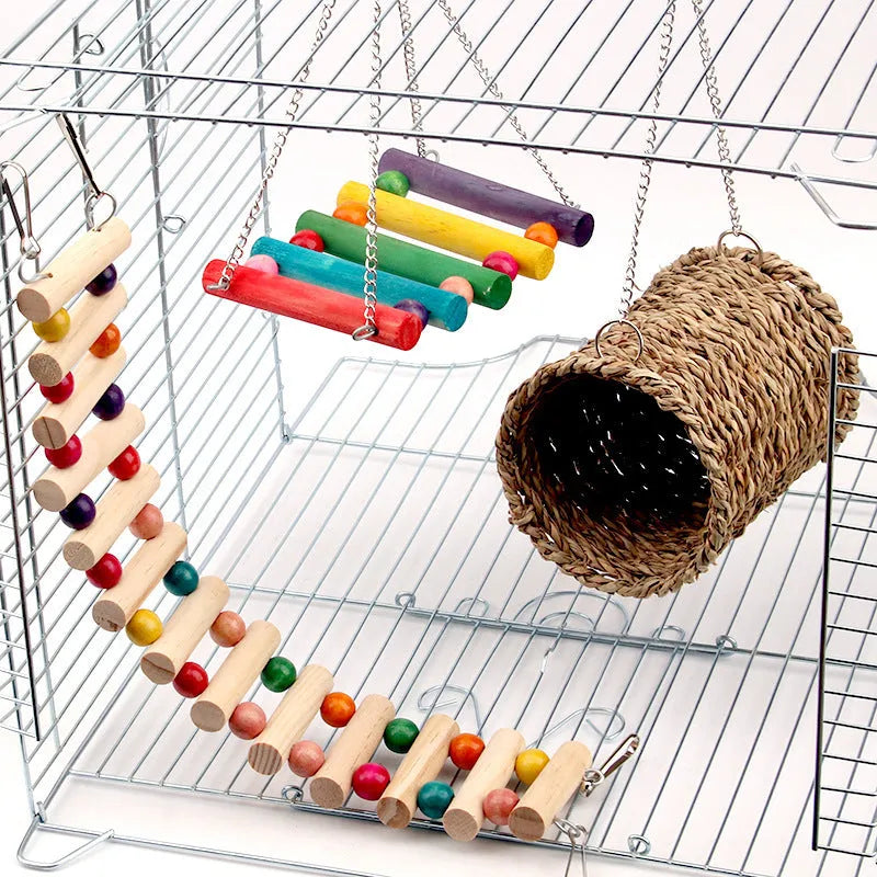 Wooden rat parrot toy set with swing climbing ladder colourful beads and natural cotton grass bed for small pet cage