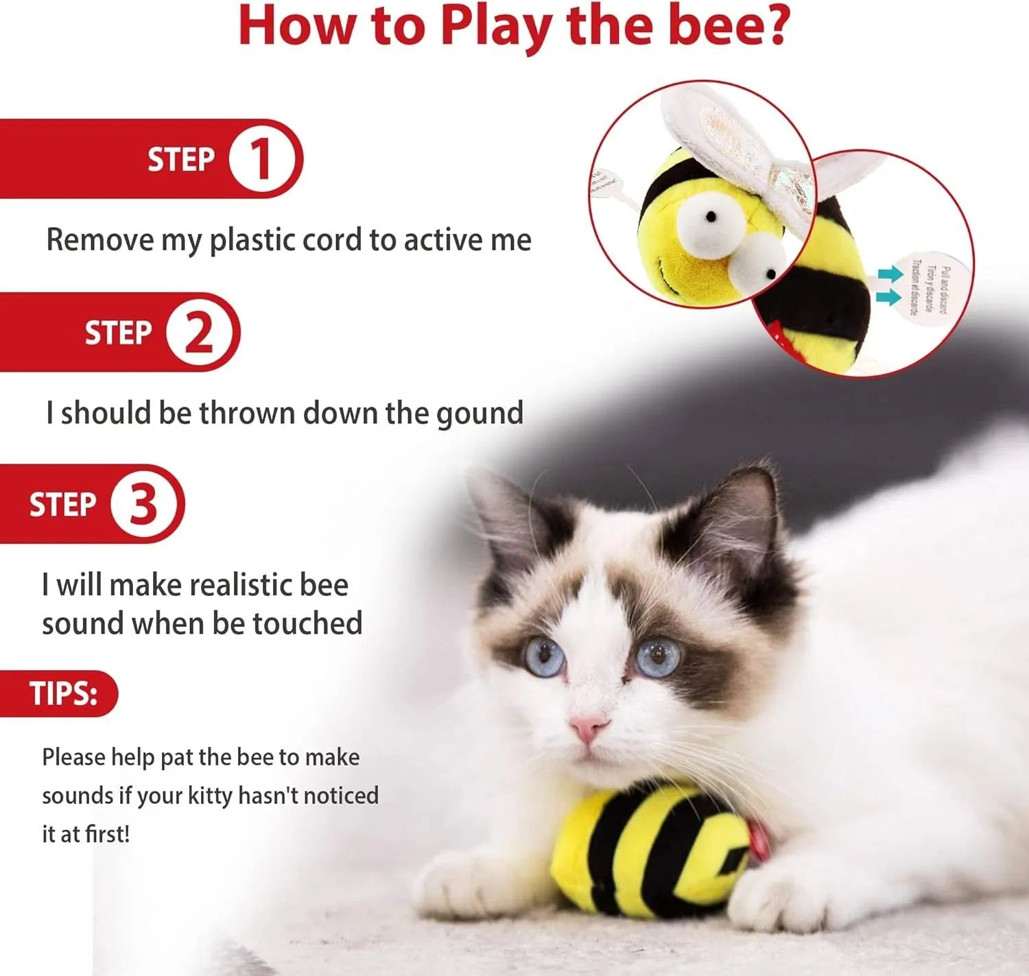 Yellow bee-shaped electronic cat toy with motion-activated chirping sound for indoor pets