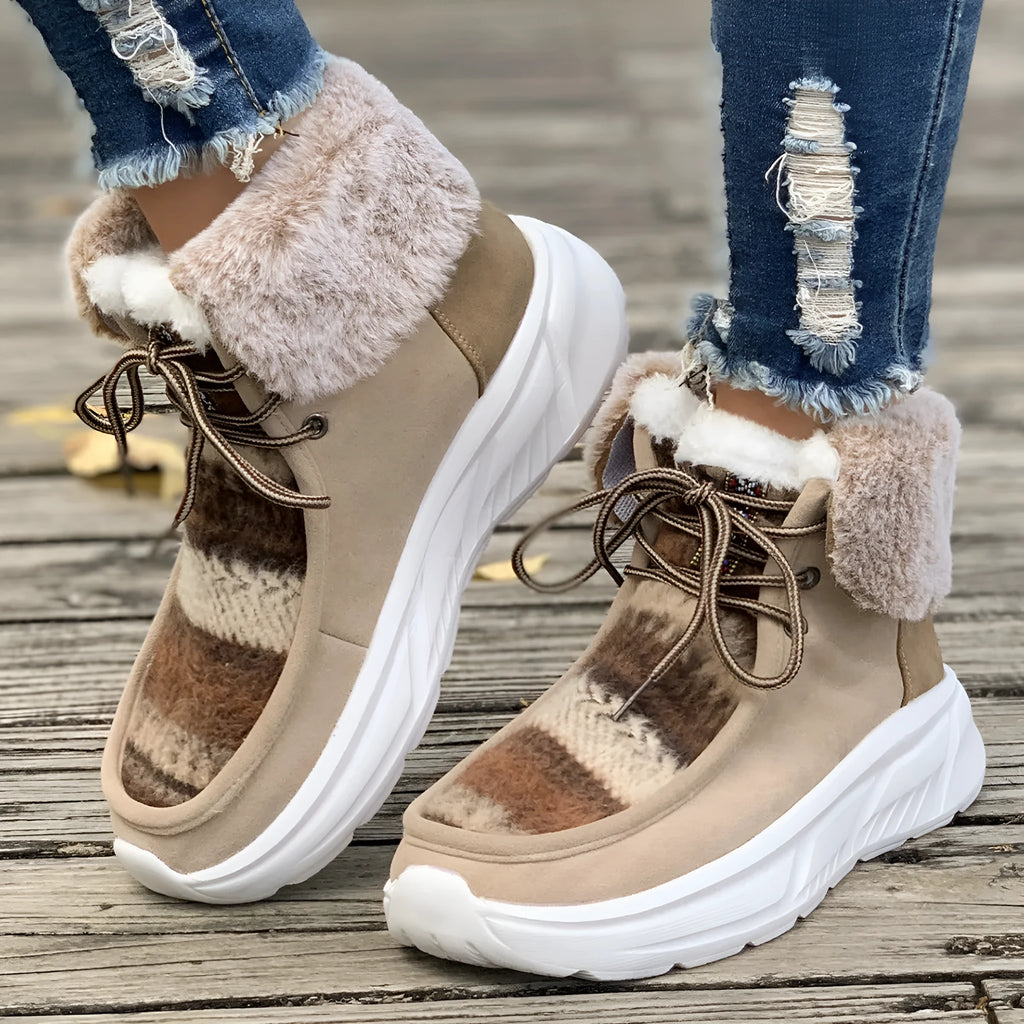 Women's beige lace-up snow boots with suede upper and thick rubber sole