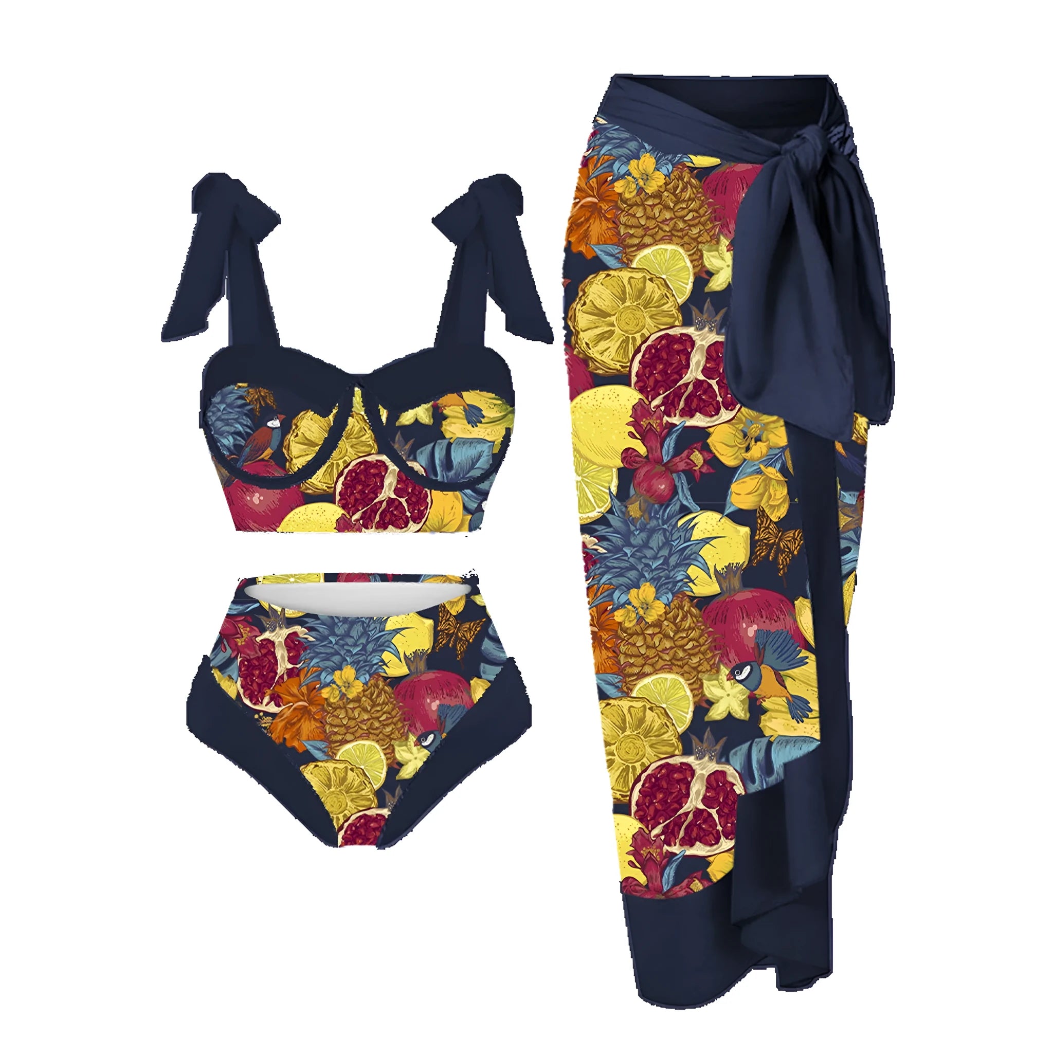Women's printing split swimsuit three-piece in polyester fabric with high elasticity