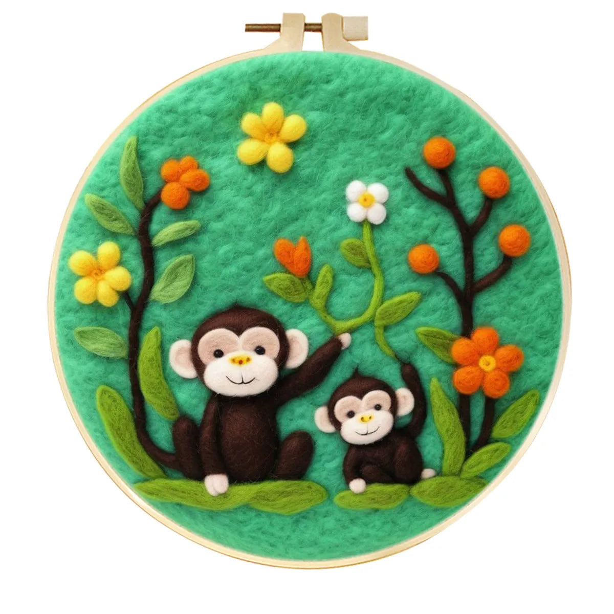 Round linen embroidery kit with wool felt materials for three-dimensional floral design