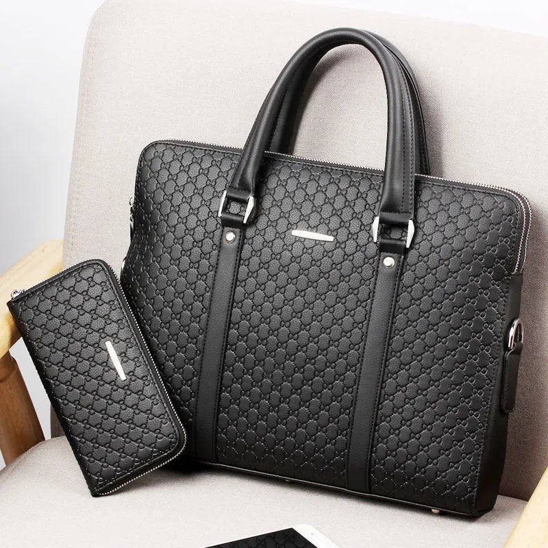 Men's business briefcase in super fiber synthetic leather with shoulder strap holding a notebook and iPad