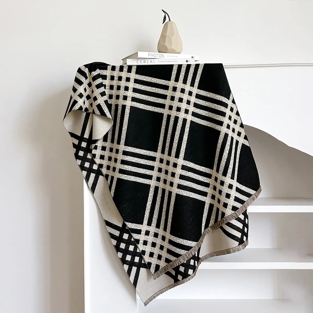 Long brown imitation cashmere scarf with tassels laid flat, showing its 185cm length.